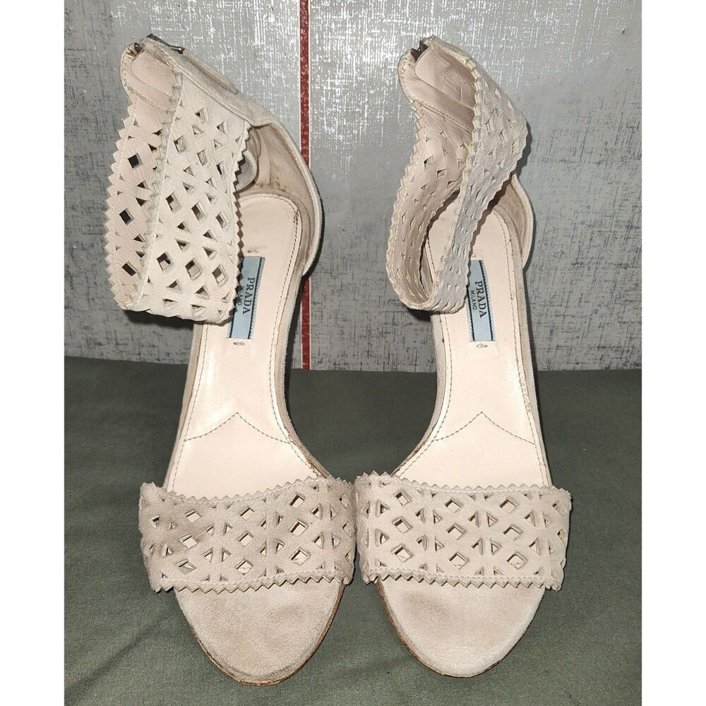 Prada Laser Cut Genuine Suede Ankle Strap High Heels Sz 39.5